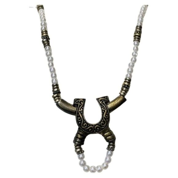 Vintage White Faux Pearl Horse Shoe Brass Long Naja Southwestern Bead Necklace - Picture 6 of 10